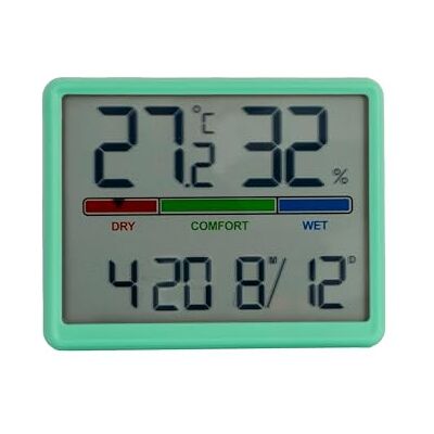 GIFTMARKET Digital inomhustermometer med hygrometer, komfortindikator, klocka och kalender, grön färg, idealisk för hemmet, ABS-material, mått 9,3 x 7,2 x 1,6 cm GIFTMARKET Digital inomhustermometer med hygrometer, komfortindikator, klocka och kalender, grön färg, idealisk för hemmet, ABS-material, mått 9,3 x 7,2 x 1,6 cm