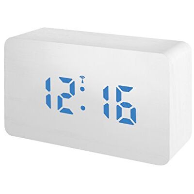 Bresser MyTime WBW trådlös väckarklocka vit i träutseende med dimbar blå LED, datum och temperaturvisning, 108 x 65 x 45 Bresser MyTime WBW trådlös väckarklocka vit i träutseende med dimbar blå LED, datum och temperaturvisning, 108 x 65 x 45