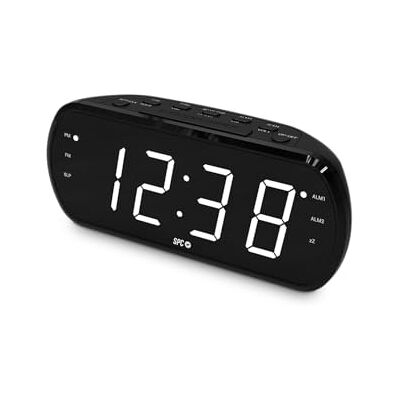 SPC Frodi View 1,8-tums radioklocka med LED-skärm och XXL-nummer Dubbel väckarklocka och 9 minuters snooze-funktion Dimmer med full avstängning FM-radio Drivs av elnätet SPC Frodi View 1,8-tums radioklocka med LED-skärm och XXL-nummer Dubbel väckarklocka och 9 minuters snooze-funktion Dimmer med full avstängning FM-radio Drivs av elnätet