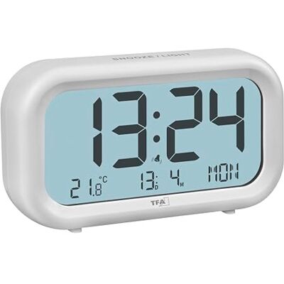 TFA Dostmann Nocta Väckarklocka digital, 60.2052.02, LCD-display med stor tidsvisning, snooze-funktion, rumstemperatur, veckodagvisning inklusive datum, högt larm, vit TFA Dostmann Nocta Väckarklocka digital, 60.2052.02, LCD-display med stor tidsvisning, snooze-funktion, rumstemperatur, veckodagvisning inklusive datum, högt larm, vit