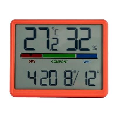 FISURA GIFTMARKET Digital inomhustermometer med hygrometer, komfortindikator, klocka och kalender, röd färg, idealisk för hemmet, ABS-material, mått 9,3 x 7,2 x 1,6 cm FISURA GIFTMARKET Digital inomhustermometer med hygrometer, komfortindikator, klocka och kalender, röd färg, idealisk för hemmet, ABS-material, mått 9,3 x 7,2 x 1,6 cm
