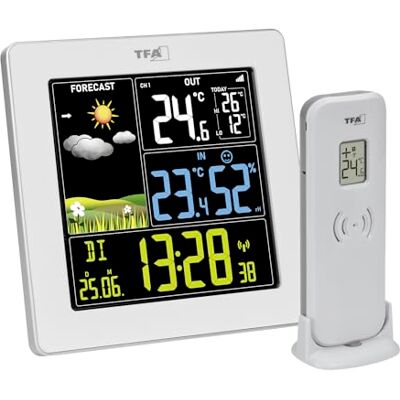TFA Dostmann Digital väderstation med utomhussensor SUN2, 35.1174, för inomhus- och utomhustemperatur, stor färgdisplay, med hemklimat, radioklocka med datum, hygrometer, med nätadapter, vit TFA Dostmann Digital väderstation med utomhussensor SUN2, 35.1174, för inomhus- och utomhustemperatur, stor färgdisplay, med hemklimat, radioklocka med datum, hygrometer, med nätadapter, vit