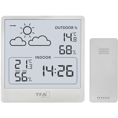 TFA Dostmann Trådlös väderstation inomhus och utomhus, 35.1176.02, med utomhussensor, temperatur och luftfuktighet, väderprognos med lufttryck och symboler, digital, stor display, vit TFA Dostmann Trådlös väderstation inomhus och utomhus, 35.1176.02, med utomhussensor, temperatur och luftfuktighet, väderprognos med lufttryck och symboler, digital, stor display, vit