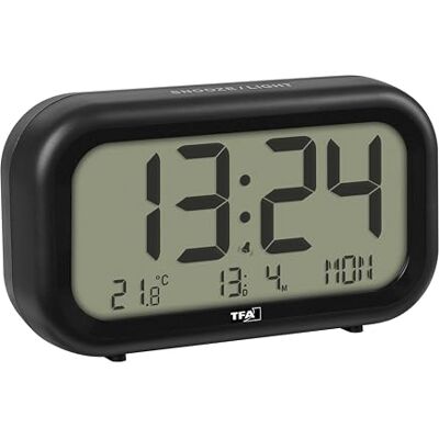 TFA Dostmann Digital Nocta, 60.2052, batteridriven med stora siffror, väckarklocka med 2 volymer, upplyst, inklusive inomhustermometer, datum och veckodag, svart TFA Dostmann Digital Nocta, 60.2052, batteridriven med stora siffror, väckarklocka med 2 volymer, upplyst, inklusive inomhustermometer, datum och veckodag, svart