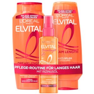 L'Oreal Paris L'Oréal Paris Elvital Dream längd Set: Shampoo 300 ml, balsam 250 ml & värmeskyddsspray 150 ml, mot kluvna toppar, med ricinolja, vitaminer och proteiner L'Oreal Paris L'Oréal Paris Elvital Dream längd Set: Shampoo 300 ml, balsam 250 ml & värmeskyddsspray 150 ml, mot kluvna toppar, med ricinolja, vitaminer och proteiner