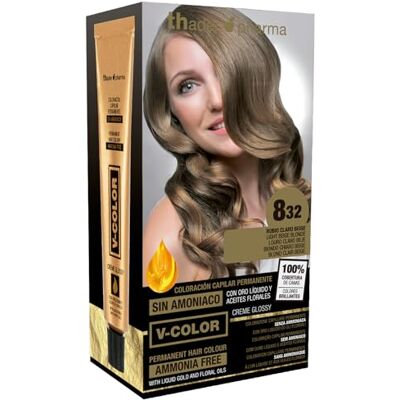 Thader Th Pharma V-Color Ammoniakfri permanent färgsats med flytande guld 100% täckning av grått hår, 120 ml (nr 8,32 ljusblond beige) Thader Th Pharma V-Color Ammoniakfri permanent färgsats med flytande guld 100% täckning av grått hår, 120 ml (nr 8,32 ljusblond beige)