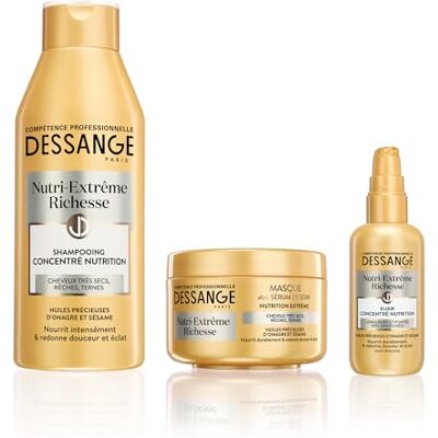 Dessange Nutri-Extreme Rikedom Box närande schampo + hårmask + elixir koncentrerad näring intensivt ger näring och återställer mjukhet för mycket torrt, persika, tråkigt hår Dessange Nutri-Extreme Rikedom Box närande schampo + hårmask + elixir koncentrerad näring intensivt ger näring och återställer mjukhet för mycket torrt, persika, tråkigt hår