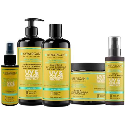 KERARGAN – Komplett UV-skyddande Vårdset med Marulaolja för Torrt och Färgat Hår – Schampo, Balsam, Inpackning, Serum och 17-i-1 – Utan Sulfater, GMO, Mineralolja – 3x500 ml + 2x100 ml KERARGAN – Komplett UV-skyddande Vårdset med Marulaolja för Torrt och Färgat Hår – Schampo, Balsam, Inpackning, Serum och 17-i-1 – Utan Sulfater, GMO, Mineralolja – 3x500 ml + 2x100 ml