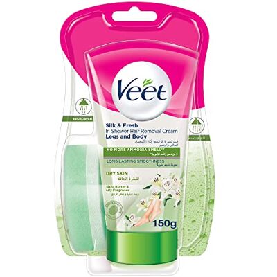 Veet dusch-hårborttagningskreme silkeslen fräk, 1 x 150 ml tub med svamp Veet dusch-hårborttagningskreme silkeslen fräk, 1 x 150 ml tub med svamp