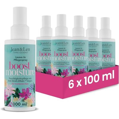 Jean & Len Boost Moisture Leave In vårdspray, i praktiskt set, för torrt hår, med anti-halm-effekt, Leave In hårvård, för glansigt hår, utan parabener vegan, 6 x 100 ml Jean & Len Boost Moisture Leave In vårdspray, i praktiskt set, för torrt hår, med anti-halm-effekt, Leave In hårvård, för glansigt hår, utan parabener vegan, 6 x 100 ml