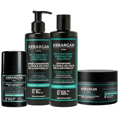 KERARGAN Fuktgivande schampo, balsam, mask och serum med kokosolja omfattande vård för dehydrerat, skadat hår sulfatfri, GMO, silikon 3 x 250 ml +1 x 50 ml KERARGAN Fuktgivande schampo, balsam, mask och serum med kokosolja omfattande vård för dehydrerat, skadat hår sulfatfri, GMO, silikon 3 x 250 ml +1 x 50 ml