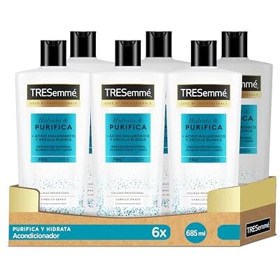 TRESemmé Hyaluronsyra och renar balsam för oljigt hår med hyaluronsyra och vit lera, rengör och återfuktar förpackning med 6 x 685 ml TRESemmé Hyaluronsyra och renar balsam för oljigt hår med hyaluronsyra och vit lera, rengör och återfuktar förpackning med 6 x 685 ml