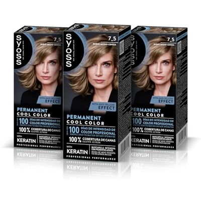 Syoss Permanent färgton 7,5 mellanblond askblond, hårfärg för kvinnor, professionell täckning av grått hår, hållbar färg och djupvård, inklusive intensiv Keratin-mask, 3-pack Syoss Permanent färgton 7,5 mellanblond askblond, hårfärg för kvinnor, professionell täckning av grått hår, hållbar färg och djupvård, inklusive intensiv Keratin-mask, 3-pack