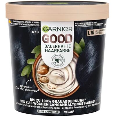Garnier GOOD permanent hårfärg 1,10 midnatts-svart – färg utan ammoniak, upp till 100% grå täckning, 1 st. Garnier GOOD permanent hårfärg 1,10 midnatts-svart – färg utan ammoniak, upp till 100% grå täckning, 1 st.