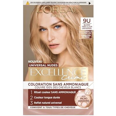Mixa L'Oreal Paris permanent hårfärg lång livslängd naturligt och lysande resultat täcker 100% vitt hår excellence universal nudes kräm nyans: universell ljusblond (9U) Mixa L'Oreal Paris permanent hårfärg lång livslängd naturligt och lysande resultat täcker 100% vitt hår excellence universal nudes kräm nyans: universell ljusblond (9U)
