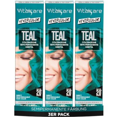 Vitalcare Vivid, professionell halvpermanent färgning, hårfärg, direkt hårfärg, livslängd upp till 20 tvättar, mjukt och återfuktat hår, blågrön, flerpack 3 st x 100 ml Vitalcare Vivid, professionell halvpermanent färgning, hårfärg, direkt hårfärg, livslängd upp till 20 tvättar, mjukt och återfuktat hår, blågrön, flerpack 3 st x 100 ml