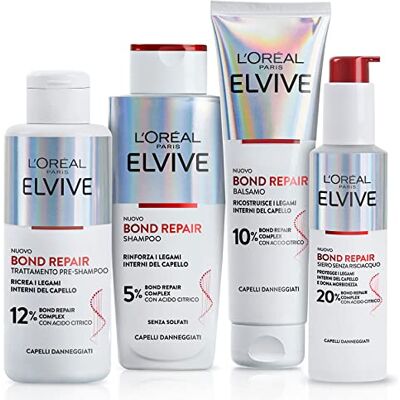 L'Oreal Paris L'Oréal Paris Elvive Bond Repair Kit med förschampo, schampo, balsam och serum utan sköljning, för skadat hår, återskapar hårband, inre hårband, med citronsyra L'Oreal Paris L'Oréal Paris Elvive Bond Repair Kit med förschampo, schampo, balsam och serum utan sköljning, för skadat hår, återskapar hårband, inre hårband, med citronsyra