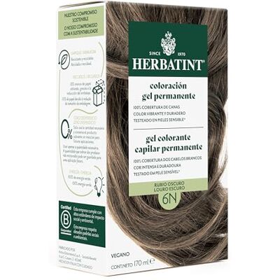 Herbatint Permanent gelfärg för 6 N mörkblond, 170 ml, utan ammoniak, 100% täckning av grått hår för känslig hud, med 8 naturliga bioextrakt Herbatint Permanent gelfärg för 6 N mörkblond, 170 ml, utan ammoniak, 100% täckning av grått hår för känslig hud, med 8 naturliga bioextrakt