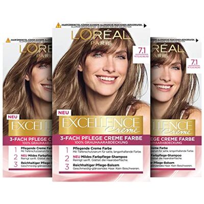 L'Oreal Paris L'Oréal Paris permanent hårfärg, 100% grått hårskydd, hårfärgningsset med färgning, schampo och 3-faldig vård krämfärg, Excellence Creme, 7,1 mediumfransblond, 3 x 268 g L'Oreal Paris L'Oréal Paris permanent hårfärg, 100% grått hårskydd, hårfärgningsset med färgning, schampo och 3-faldig vård krämfärg, Excellence Creme, 7,1 mediumfransblond, 3 x 268 g