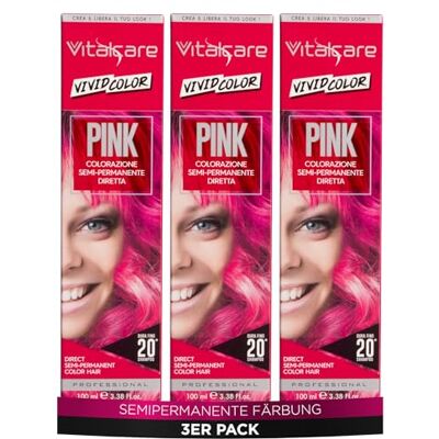 Vitalcare Vivid, professionell halvpermanent färgning, hårfärg, direkt hårfärg, livslängd upp till 20 tvättar, mjukt och återfuktat hår, rosa, flerpack 3 st x 100 ml Vitalcare Vivid, professionell halvpermanent färgning, hårfärg, direkt hårfärg, livslängd upp till 20 tvättar, mjukt och återfuktat hår, rosa, flerpack 3 st x 100 ml