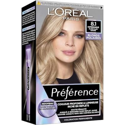 L'Oreal Paris permanent hårfärg lång och ljus utan gula reflektioner täcker 100% vitt hår preferens nyans: Köpenhamn 8.1, askblond L'Oreal Paris permanent hårfärg lång och ljus utan gula reflektioner täcker 100% vitt hår preferens nyans: Köpenhamn 8.1, askblond