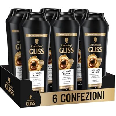 Gliss Schwarzkopf Ultimate Repair Shampoo, 6-pack à 250 ml, schampo med flytande keratin och svart pärlextrakt, behandling med keratin för skadat och torrt hår Gliss Schwarzkopf Ultimate Repair Shampoo, 6-pack à 250 ml, schampo med flytande keratin och svart pärlextrakt, behandling med keratin för skadat och torrt hår