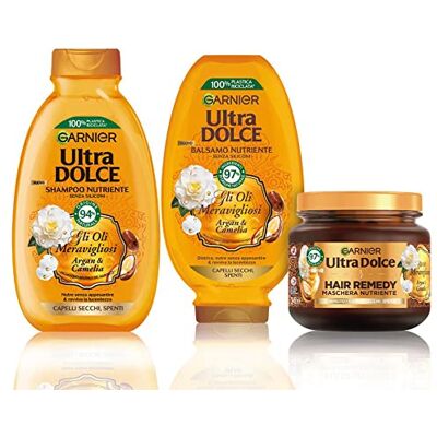 Garnier Ultra söt rutin med underbara oljor, schampo balsam mask, perfekt för torrt och tråkigt hår, med arganolja och kamelia Garnier Ultra söt rutin med underbara oljor, schampo balsam mask, perfekt för torrt och tråkigt hår, med arganolja och kamelia