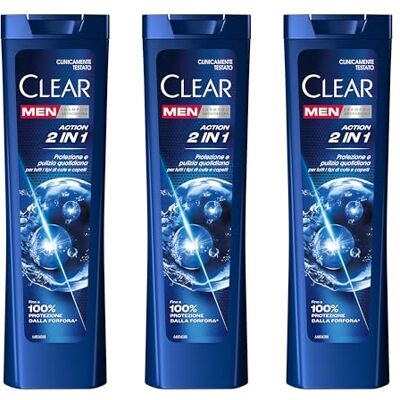 Clear Men Anti-Dandruff Shampoo för alla typer av hår och hårbotten Action 2in1 upp till 100% mjällskydd* 3 x 225 ml Clear Men Anti-Dandruff Shampoo för alla typer av hår och hårbotten Action 2in1 upp till 100% mjällskydd* 3 x 225 ml
