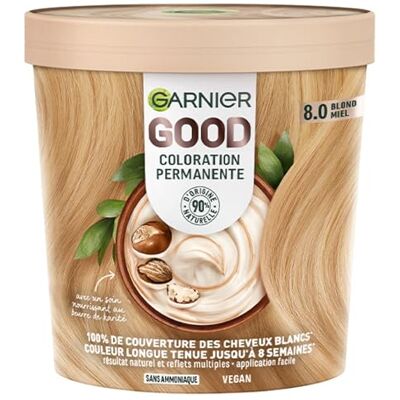 Garnier Permanent färgning ammoniakfri 90 % naturliga ingredienser och vegansk formel sheasmör 100 % vit hårtäckning honungsblond (8,0) Good Garnier Permanent färgning ammoniakfri 90 % naturliga ingredienser och vegansk formel sheasmör 100 % vit hårtäckning honungsblond (8,0) Good