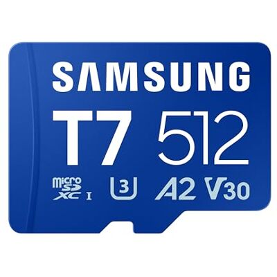 Samsung T7 microSD-kort, 512 GB, minneskort för mobilspel på smarttelefoner, surfplattor och handhållna konsoler, UHS-I U3, Full HD och 4K UHD, läshastighet på 170 MB/s, MB-MB512T/WW Samsung T7 microSD-kort, 512 GB, minneskort för mobilspel på smarttelefoner, surfplattor och handhållna konsoler, UHS-I U3, Full HD och 4K UHD, läshastighet på 170 MB/s, MB-MB512T/WW