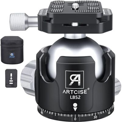 ARTCISE Lågprofilstativ huvud, 52 mm diameter kulhuvud LB52 helmetall CNC-bearbetningsstativhuvud med två 1/4 tum snabbfrigöringsplattor för stativ, monopod, DSLR, videokamera ARTCISE Lågprofilstativ huvud, 52 mm diameter kulhuvud LB52 helmetall CNC-bearbetningsstativhuvud med två 1/4 tum snabbfrigöringsplattor för stativ, monopod, DSLR, videokamera
