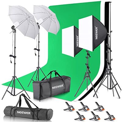 NEEWER 2, 6 m x 3 m bakgrunds stödsystem samt 800 W 5 500 K paraplyer softbox kontinuerligt ljus set för fotostudio produktporträtt och videofotografering NEEWER 2, 6 m x 3 m bakgrunds stödsystem samt 800 W 5 500 K paraplyer softbox kontinuerligt ljus set för fotostudio produktporträtt och videofotografering