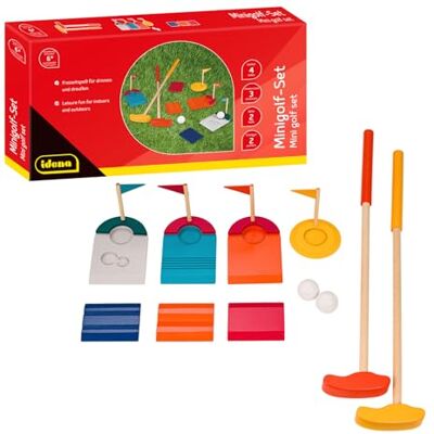 Idena 40383 – minigolf set av trä, 11 delar golfset innehåller 2 klubbor, 2 golfbollar, 3 hinder och 4 hål med flaggor, inomhus och utomhus, för vuxna och barn från 6 år Idena 40383 – minigolf set av trä, 11 delar golfset innehåller 2 klubbor, 2 golfbollar, 3 hinder och 4 hål med flaggor, inomhus och utomhus, för vuxna och barn från 6 år