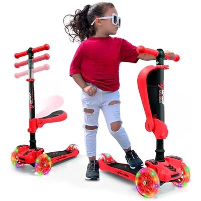 Hurtle , Skoter, barn, 3 hjul, leksaker, pojkar och flickor 2 år och uppåt, med fällbart säte, höjd, justerbar, 2-i-1 skateboard, blinkande lampor, röd färg Hurtle , Skoter, barn, 3 hjul, leksaker, pojkar och flickor 2 år och uppåt, med fällbart säte, höjd, justerbar, 2-i-1 skateboard, blinkande lampor, röd färg