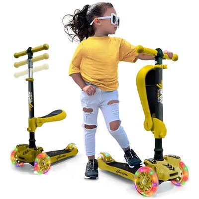 Hurtle Barnskoter 3 hjul, barnleksaker 2 år och uppåt, med fällbart säte, justerbar höjd, 2-i-1 skateboard, blinkande ljus, gul Hurtle Barnskoter 3 hjul, barnleksaker 2 år och uppåt, med fällbart säte, justerbar höjd, 2-i-1 skateboard, blinkande ljus, gul