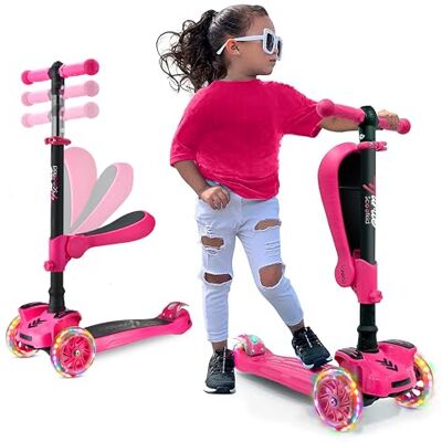 Hurtle Sparkcykel flickor 3 hjul, leksaker för barn 2 år och uppåt, med fällbart säte, justerbar höjd, 2-i-1 skateboard, blinkande ljus, rosa Hurtle Sparkcykel flickor 3 hjul, leksaker för barn 2 år och uppåt, med fällbart säte, justerbar höjd, 2-i-1 skateboard, blinkande ljus, rosa