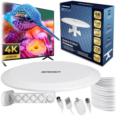 Berdsen DVBT2-antenn med förstärkare 28 dB – inomhusantenn TV – 10 m kabel – 80 km räckvidd LTE filter DVB-T DVB-T2 – vit Berdsen DVBT2-antenn med förstärkare 28 dB – inomhusantenn TV – 10 m kabel – 80 km räckvidd LTE filter DVB-T DVB-T2 – vit