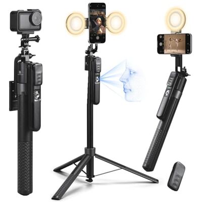 K&F CONCEPT Selfie-pinne 180 cm, 360° AI-följare, vikbar och automatisk, 2 lysande ringar, gestkontroll, Bluetooth-fjärrkontroll, 7-i-1 för Video/Vlog/Live K&F CONCEPT Selfie-pinne 180 cm, 360° AI-följare, vikbar och automatisk, 2 lysande ringar, gestkontroll, Bluetooth-fjärrkontroll, 7-i-1 för Video/Vlog/Live