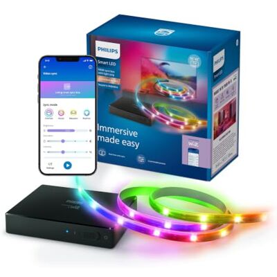 Philips Smart Lighting HDMI Sync Box m. TV-bakgrundsbelysning, RGBIC LED-remsa för 40–50-tums TV-apparater, Synkronisering. m. Filmer, musik, HDMI 2.0, 4K vid 60 Hz, ansluten av WiZ, extern videokälla Philips Smart Lighting HDMI Sync Box m. TV-bakgrundsbelysning, RGBIC LED-remsa för 40–50-tums TV-apparater, Synkronisering. m. Filmer, musik, HDMI 2.0, 4K vid 60 Hz, ansluten av WiZ, extern videokälla