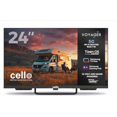 Cello Voyager C24TZR-VOY 24 tum 12 V Smart Traveller TV med inbyggd 5G Wi-Fi-router och hotspot för telefon och enhet, skapar internet överallt, Samsung Tizen OS, perfekt för husbilar. Cello Voyager C24TZR-VOY 24 tum 12 V Smart Traveller TV med inbyggd 5G Wi-Fi-router och hotspot för telefon och enhet, skapar internet överallt, Samsung Tizen OS, perfekt för husbilar.
