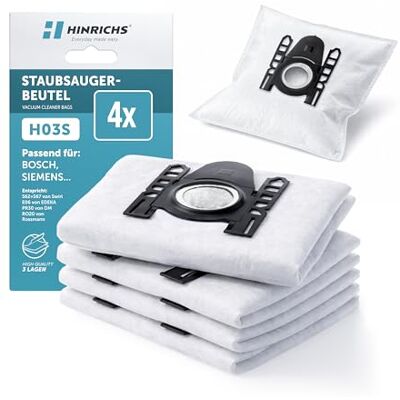 Hinrichs dammsugarpåsar 4-pack kompatibla med Bosch och andra tillverkare, H03S ersättning för Swirl S62/S67, EDEKA E06, DM PR30 och Rossmann RO20, 3-lager med hygienförslutning Hinrichs dammsugarpåsar 4-pack kompatibla med Bosch och andra tillverkare, H03S ersättning för Swirl S62/S67, EDEKA E06, DM PR30 och Rossmann RO20, 3-lager med hygienförslutning