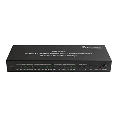FeinTech VMS14201 HDMI 2.1 matrisomkopplare 4 x 2 omkopplare 4K 120 Hz 8K Ultra-HD 4 i 2-ut ljud extractror ARC Toslink SPDIF downscaler för Xbox PS5 TV-skärm HDR 40 Gbps FeinTech VMS14201 HDMI 2.1 matrisomkopplare 4 x 2 omkopplare 4K 120 Hz 8K Ultra-HD 4 i 2-ut ljud extractror ARC Toslink SPDIF downscaler för Xbox PS5 TV-skärm HDR 40 Gbps