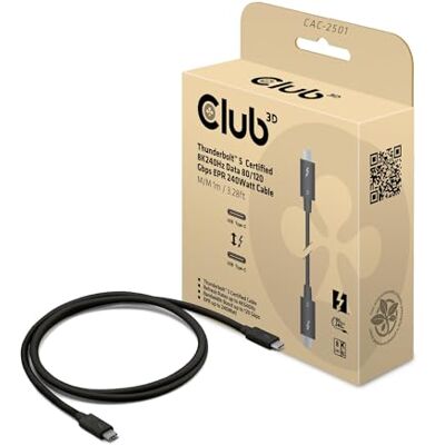 Club 3D CAC-2501 Thunderbolt™ 5-certifierad 8K240Hz data 80/120Gbps EPR 240 watt kabel M/M 1 m Club 3D CAC-2501 Thunderbolt™ 5-certifierad 8K240Hz data 80/120Gbps EPR 240 watt kabel M/M 1 m