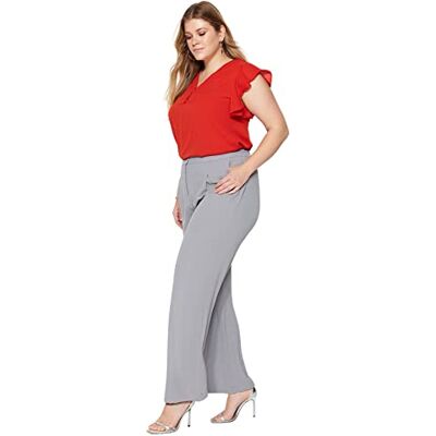 Trendyol kvinnors hög midja breda ben plus size byxor byxor, Grå melange, 40/More Trendyol kvinnors hög midja breda ben plus size byxor byxor, Grå melange, 40/More