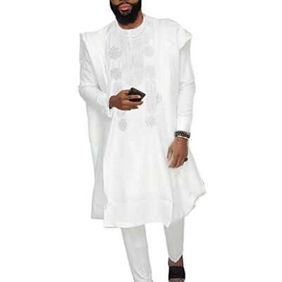 HD Afrikanska herrkläder, broderade Agbada kläder, Dashiki skjortor och byxor, 3-delade kostymer, Vit, XXL HD Afrikanska herrkläder, broderade Agbada kläder, Dashiki skjortor och byxor, 3-delade kostymer, Vit, XXL
