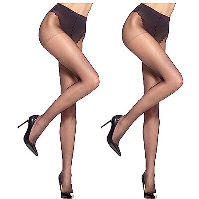 HUE Women's Age Defiance French Lace Sheer Tights with Control Top, Black 2 Pair Pack, 5 HUE Women's Age Defiance French Lace Sheer Tights with Control Top, Black 2 Pair Pack, 5