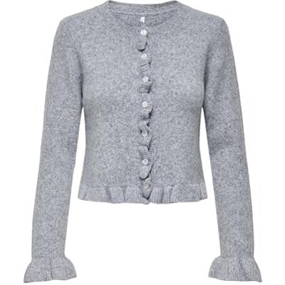 ONLY Onlrima Life Ls Frill Button Cardig KNT, Ljusgrå melange, S ONLY Onlrima Life Ls Frill Button Cardig KNT, Ljusgrå melange, S