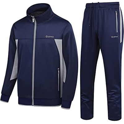 PUMPITU Casual Athletic Träningsoverall för män långärmad sweatsuit set full dragkedja löparjacka och byxor 2-delat kläder, Marinblå + grå, L PUMPITU Casual Athletic Träningsoverall för män långärmad sweatsuit set full dragkedja löparjacka och byxor 2-delat kläder, Marinblå + grå, L