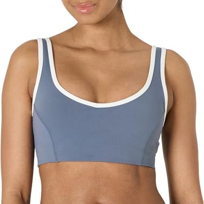 Amazon Essentials dam aktiv FormFlex Buttery mjukt lätt stöd v-ringad sport-bh med kontrastkant, Skiffergrå/vit, M Amazon Essentials dam aktiv FormFlex Buttery mjukt lätt stöd v-ringad sport-bh med kontrastkant, Skiffergrå/vit, M