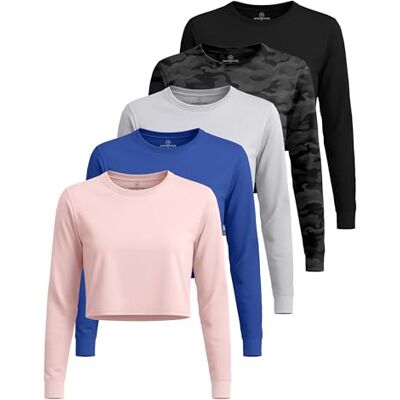 Real Essentials 5-pack: Damer Dry Fit crop top – långärmad stretchig T-shirt med rund hals (tillgänglig i plusstorlek), set 3, L Real Essentials 5-pack: Damer Dry Fit crop top – långärmad stretchig T-shirt med rund hals (tillgänglig i plusstorlek), set 3, L